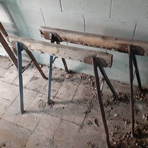 lot 164 image: Set of (2) Rare Homemade Wooden Saw Horses with Metal Legs 