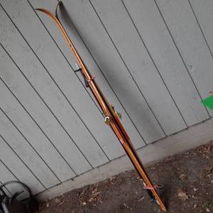 lot 173 image: Pair of Skilom 200cm Wooden Cross Country Skis with Brass-Tone Hardware and Poles 