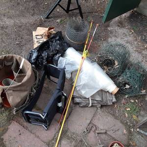 lot 182 image: Eclectic Lot of Padded  Folding Stadium Stadium Chairs, Bucket, Tool Holder, Marking Poles, Edging, Etc. 