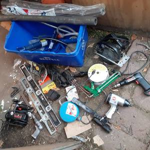 lot 204 image: Assortment of Necessary Garage Tools Pneumatic Impact Wrench, Drills, Levels, Wire, Etc. 