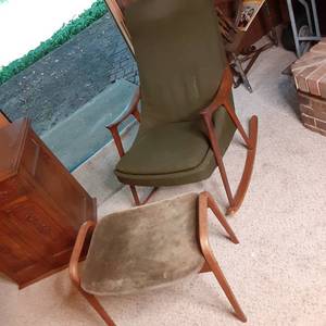 lot 223 image: Beautiful Vintage Green Upholstered Rocking Chair and Complimentary Ottoman  Foot Rest