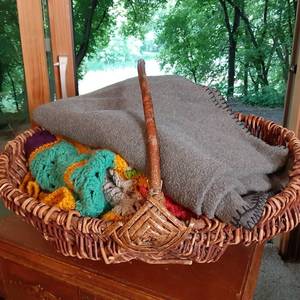 lot 225 image: Beautiful Wicker Rattan Basket with Hand-Knit Afhgan and More
