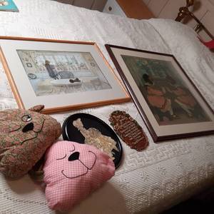lot 324 image: Little Girl Oriented Framed Prints and Puppy Throw Pillows