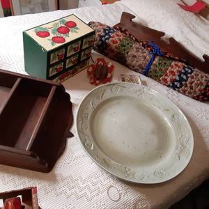 lot 334 image: Beautiful Large Glazed Porcelain Plate and Wood Wall Shelf, Spice Rack, and More 