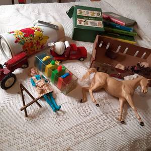 lot 335 image: Vintage Floral Print Coffee Server with Vintage Disney Collectible Book Set, Vintage Fisher Price, Tonka Cement Truck and More  