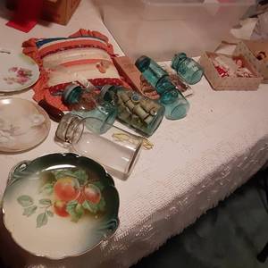 lot 354 image: Blue-Tone Ball Canning Jars, Fine China, Antique Dolls, Turkey Calls, and so Much More 