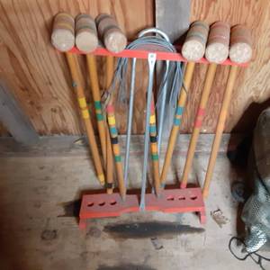 lot 212 image: Vintage Croquet Stick Set with Stand (Missing the Balls) 