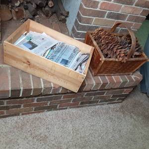 lot 228 image: Gorgeous Wicker Rattan Basket with Decorative Pinecones and Robert Mondavi Winery Crate