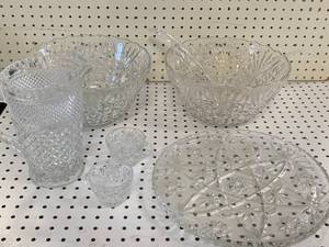 lot 12 image: Vintage Crystal Platter, Bowls, Cups, Pitcher