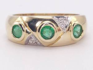 lot 15 image: Art Deco Style Bezel Set Emerald and Diamond Estate Ring in 14k Yellow Gold