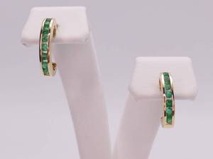 lot 16 image: Channel Set Emerald C Shaped Estate Earrings in 14k Yellow Gold