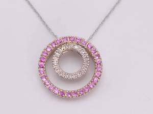 lot 20 image: Bubblegum Pink and Diamond Double Halo Necklace in 14k White Gold