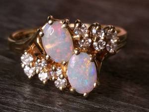 lot 24 image: Australian Double Opal and Diamond Estate Ring in 14k Yellow Gold