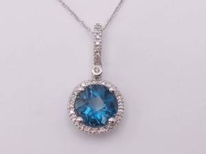 lot 27 image: Brand New Fancy Cut London Blue Topaz Diamond Halo Necklace in 14k White Gold Original Tags Included