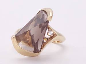 lot 30 image: Fancy Cut Smoky Topaz and Diamond Statement Ring in 14k Yellow Gold