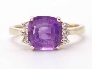 lot 42 image: 1.00 Carat Cushion Cut Amethyst and Diamond Ring 14k Yellow Gold