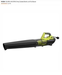 lot 9 image: RYOBI 135 MPH 440 CFM 8 Amp Corded Electric Jet Fan Blower & Battery Powered 8 in. 18-Volt Chainsaw. Various Conditions. See Pictures