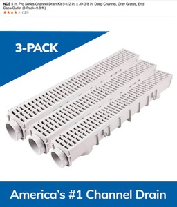 lot 43 image: NDS 5 in. Pro Series Channel Drain Kit 5-12 in. x 39-38 in. Deep Channel, Gray Grates, End CapsOutlet (3-Pack & 6-Pack) & More. Various Conditions. See Pictures