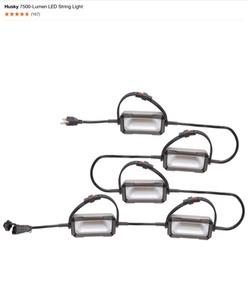 lot 46 image: Husky 7500-Lumen LED String Light, 12120 Volt Auto and Home Inflator, 50 ft. 5-Bulb String Caged Work Lights. See Pictures