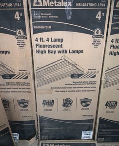 lot 57 image: Metalux 4-Light 2 ft. x 4 ft. White High Output Fluorescent High Bay. Various Conditions. See Pictures