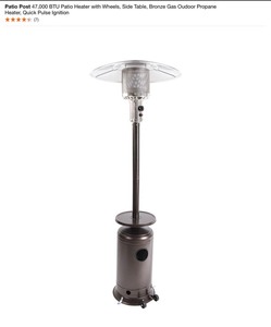 lot 59 image: Patio Post 47,000 BTU Patio Heater with Wheels, Side Table, Bronze Gas Outdoor Propane Heater, Quick Pulse Ignition. See Pictures