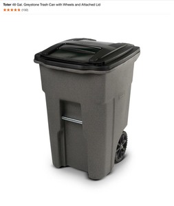 lot 53 image: Toter 32 Gal. & 48 Gal. Greystone Trash Can with Wheels and Attached Lid. See Pictures