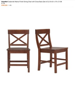 lot 56 image: StyleWell Cedarville Walnut Finish Dining Chair with Cross Back (Set of 2) (19.42 in. W x 31.98 in. H). See Pictures