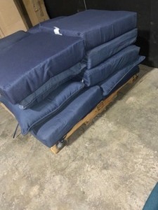 lot 58 image: Pallet of Arden Selections 21 x 44 Sapphire Leala Texture Outdoor Dining Chair CushionsSquare Outdoor Seat Cushions. Various Conditions. See Pictures