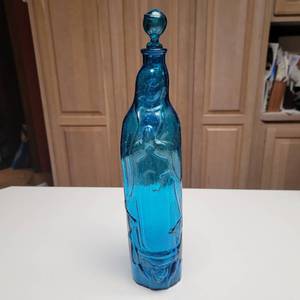 Vintage Blue Glass Virgin of Guadalupe Avalos Holy Water Bottle