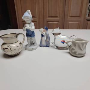Two Creamers - Kissing Dutch figurine - Boy With Flower - Glass Cat with painted fish in Belly