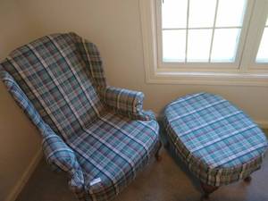 lot 49 image: Plaid High-Back Occasional Chair & Stool