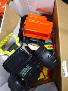 lot 50 image: Box of Toys Trucks, Books, Etc.