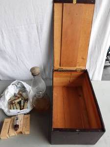ArmyNavy Vacuum Tubes, Glass Pill Bottles, Oil Lamp, Wood Box