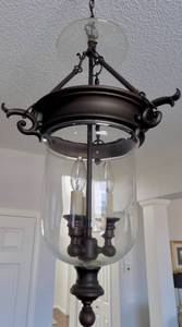 (2) Antique Bronze & Glass Globe Pendent Lighting Approximately 28 long