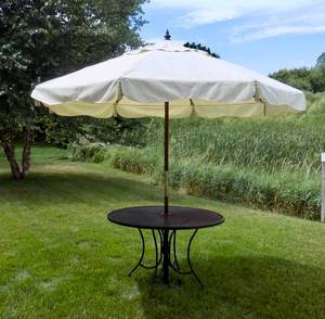 (Used, Great Condition) High-Quality Solid Wood & Heavy Cream White Canvas Outdoor Umbrella with Stand