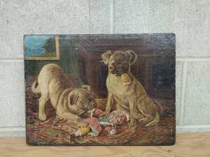 lot 408 image: Old Painting of Pug Dogs Playing