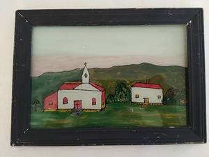 lot 59 image: Hand Painted Glass Church Scene