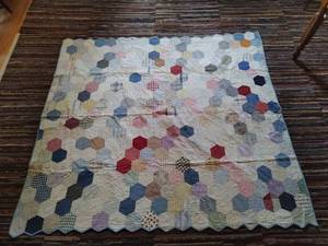 lot 256 image: Old Handmade Hexagon Quilt