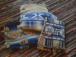 lot 268 image: Collection of Vintage Tan and Indigo Tone Blankets