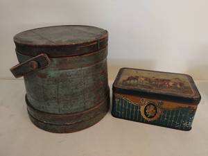 lot 287 image: Old Wood Pail & Metal Box with Recipes