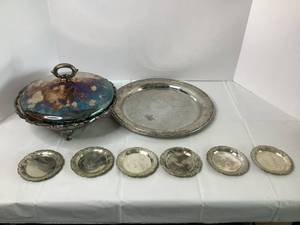 Lot of Silver Coasters, Platter, and Serving Dish