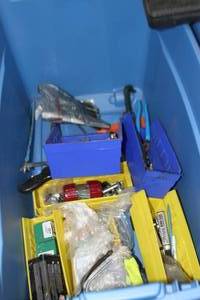 lot 28 image: Large Plastic Tote of Miscellaneous Tools & Hardware