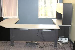 lot 180 image: Marvel Office Desk with Reversible Return & Hutch File Cabinet & More