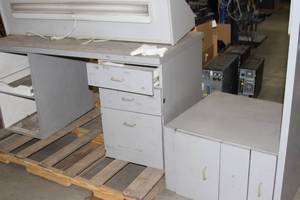 lot 196 image: Lot of Gray Industrial Office Desks & Accessories  Warehouse Furniture