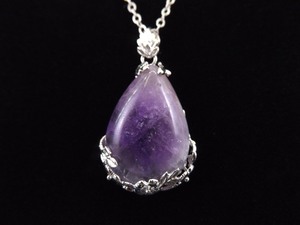 .925 Sterling Silver Large Polished Amethyst Stone Pendant Necklace