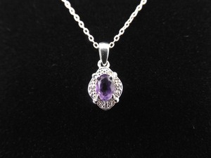 .925 Sterling Silver Diamond Accented Oval Cut Amethyst Pendant Necklace