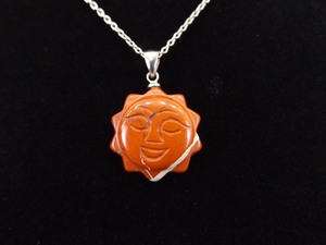.925 Sterling Silver Carved Jasper Sun Face Pendant Necklace