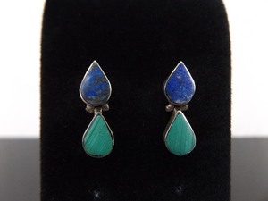 .925 Sterling Silver Lapis Lazuli and Malachite Hinged Post Earrings