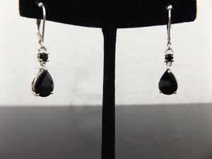 .925 Sterling Silver Pear Cut Black Onyx Dangle Hook Clasp Earrings