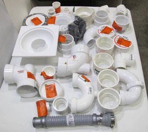 lot 412 image: Box Lot of PVC Plumbing Parts - Elbows, Connectors, Drain Parts, etc